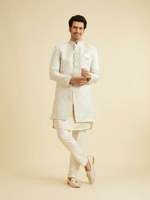 Manyavar Smoke Grey Floral Vine Patterned Indo Western Set