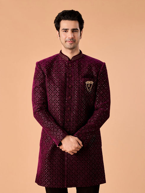 Manyavar Regal Wine Velvet Indo Western