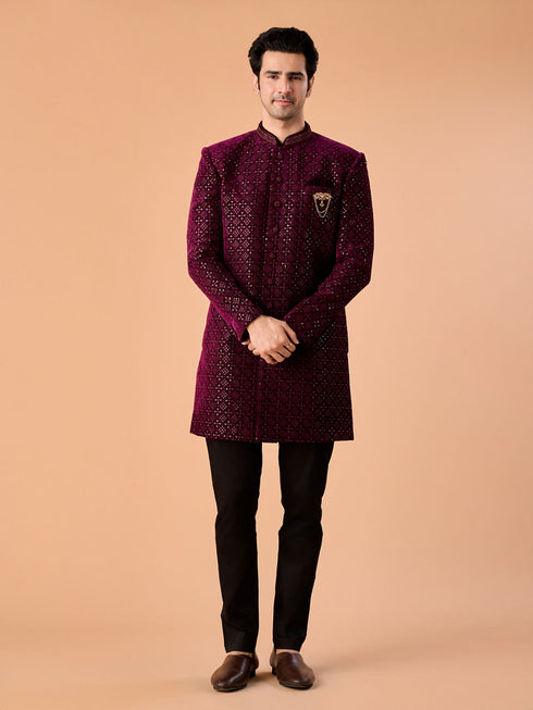 Manyavar Regal Wine Velvet Indo Western