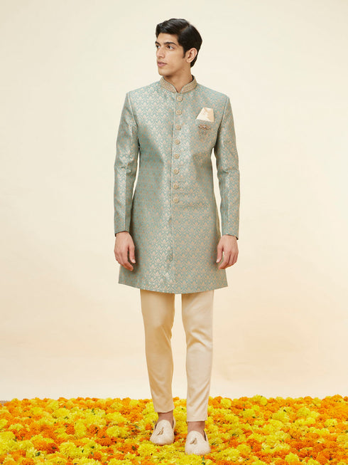 Manyavar Sage Green Floral Jaal Patterned Indo Western Set