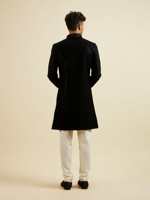 Manyavar Ebony Black Sequinned Embroidered Layered Indo Western Set