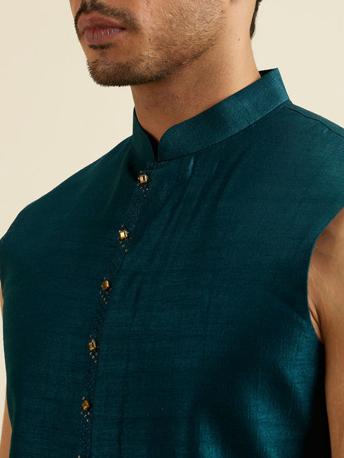 Manyavar Teal Green Chevron Patterned Indo Western Set