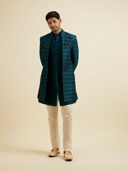 Manyavar Teal Green Chevron Patterned Indo Western Set