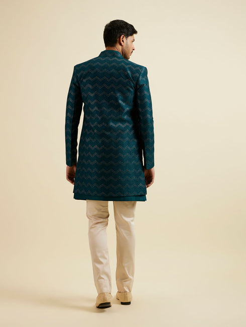 Manyavar Teal Green Chevron Patterned Indo Western Set