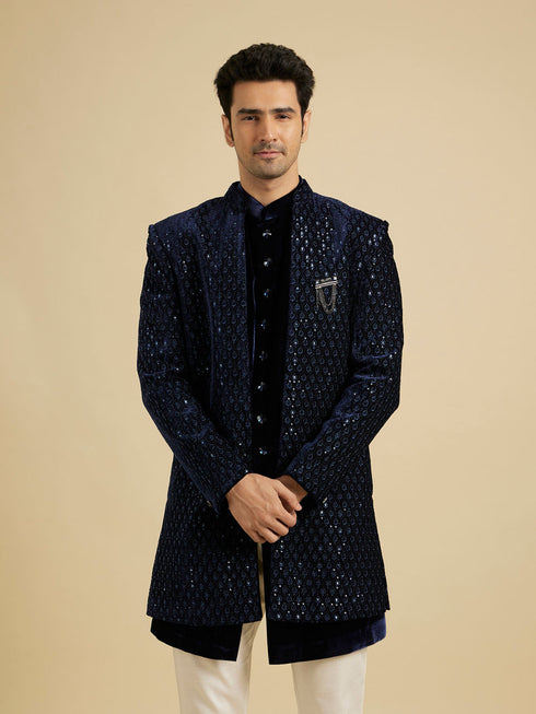 Manyavar Navy Blue Sequinned Indo Western Set