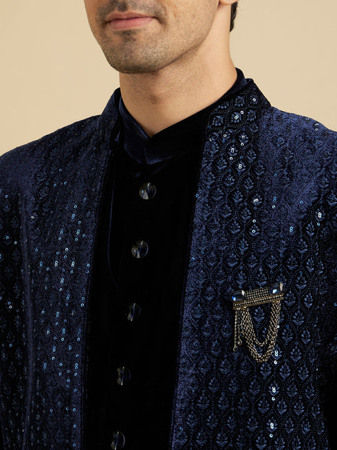 Manyavar Navy Blue Sequinned Indo Western Set