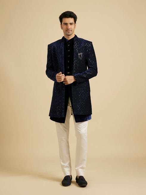 Manyavar Navy Blue Sequinned Indo Western Set