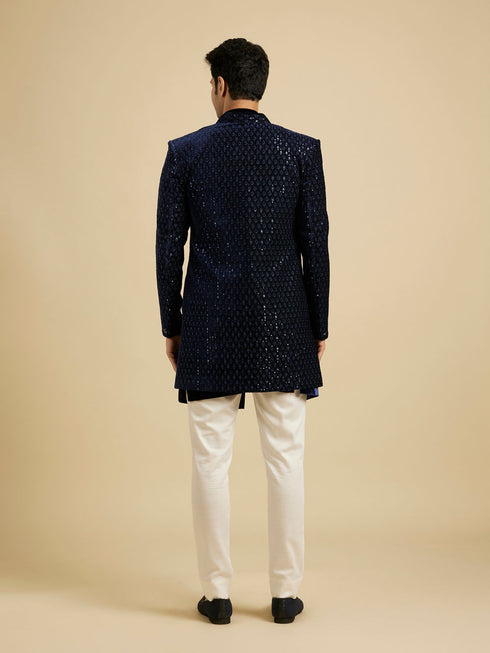 Manyavar Navy Blue Sequinned Indo Western Set