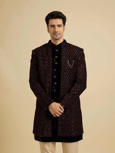Manyavar Royal Brown Velvet Essence Indo Western