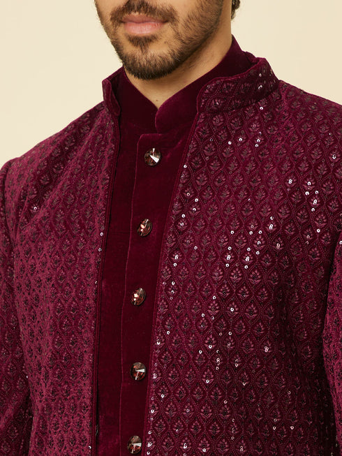 Manyavar Deep Wine Sequined Indo Western Set
