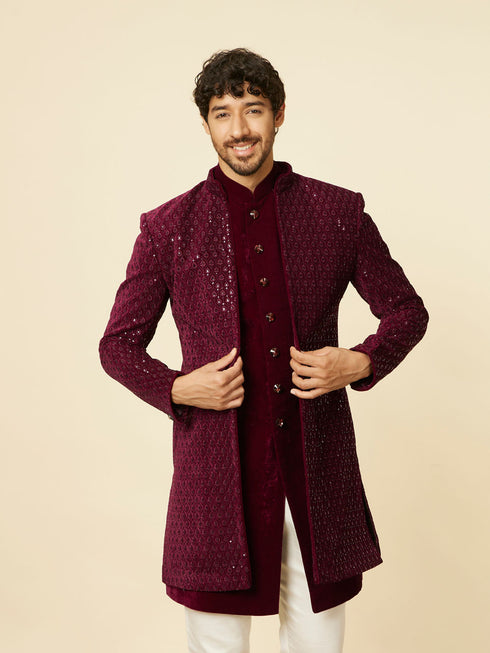 Manyavar Deep Wine Sequined Indo Western Set