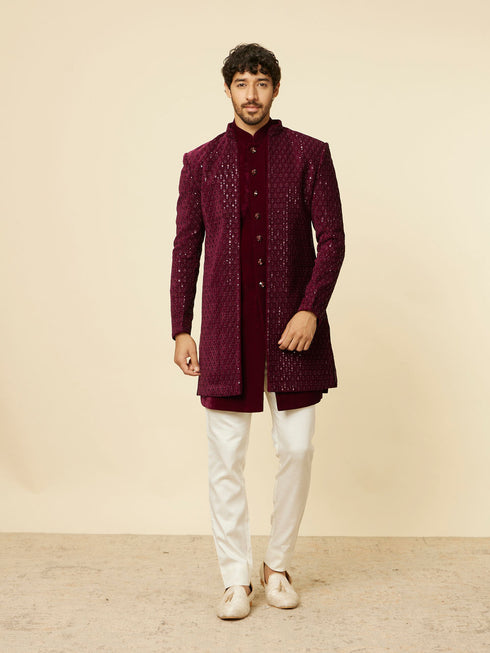 Manyavar Deep Wine Sequined Indo Western Set