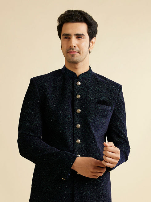 Manyavar Deep Blue and Dark Green Imperial Patterned Indo Western Set