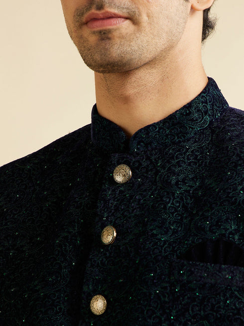 Manyavar Deep Blue and Dark Green Imperial Patterned Indo Western Set