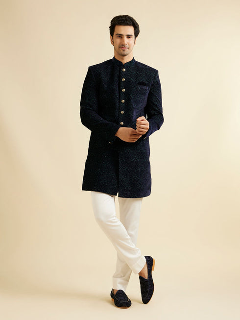 Manyavar Deep Blue and Dark Green Imperial Patterned Indo Western Set