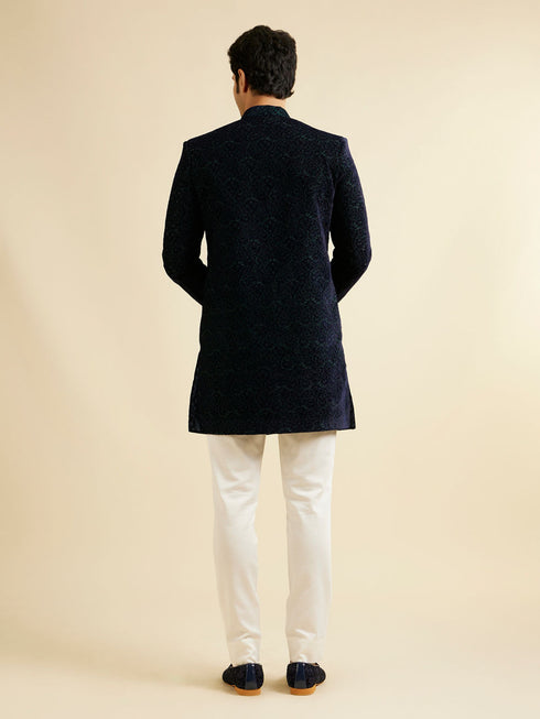 Manyavar Deep Blue and Dark Green Imperial Patterned Indo Western Set