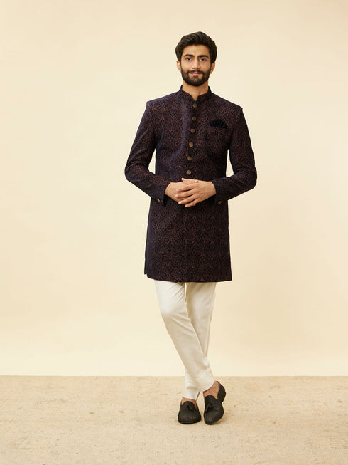 Manyavar Deep Blue and Brown Imperial Patterned Indo Western Set