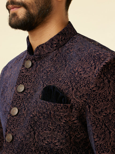 Manyavar Deep Blue and Brown Imperial Patterned Indo Western Set
