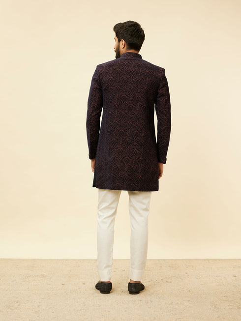 Manyavar Deep Blue and Brown Imperial Patterned Indo Western Set