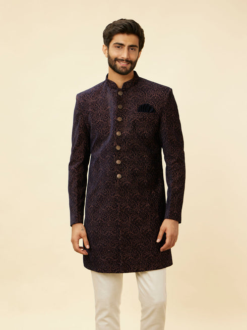 Manyavar Deep Blue and Brown Imperial Patterned Indo Western Set
