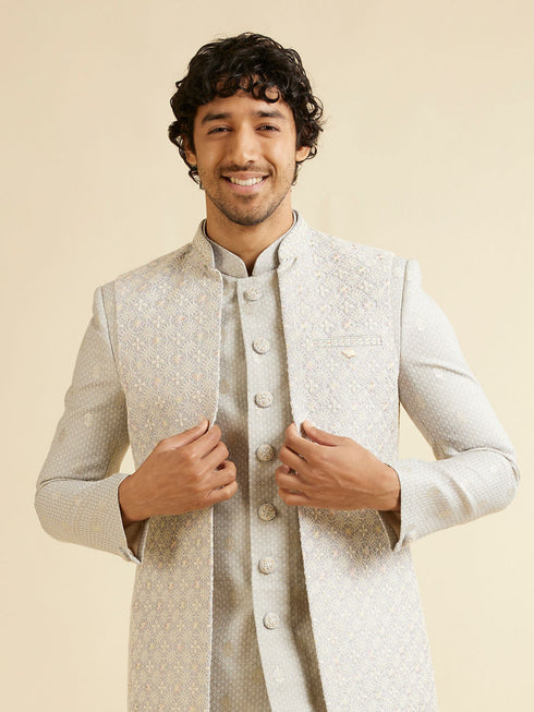 Manyavar Light Grey Floral Patterned Indo Western Jacket