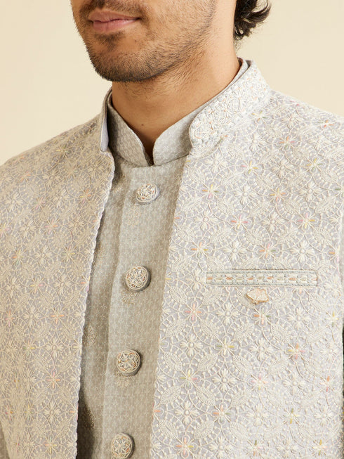 Manyavar Light Grey Floral Patterned Indo Western Jacket