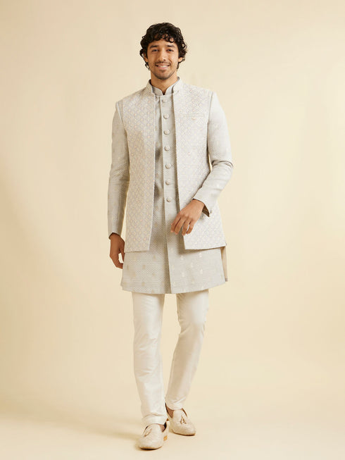 Manyavar Light Grey Floral Patterned Indo Western Jacket