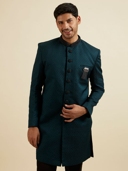 Manyavar Teal Green Jaal Patterned Achkan Style Indo Western Set