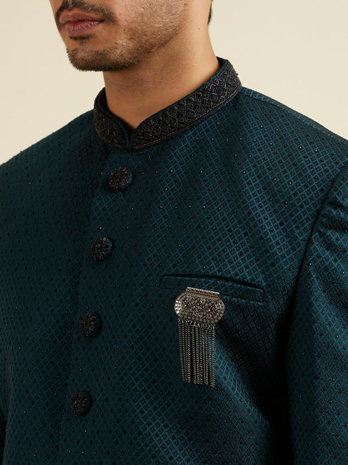 Manyavar Teal Green Jaal Patterned Achkan Style Indo Western Set