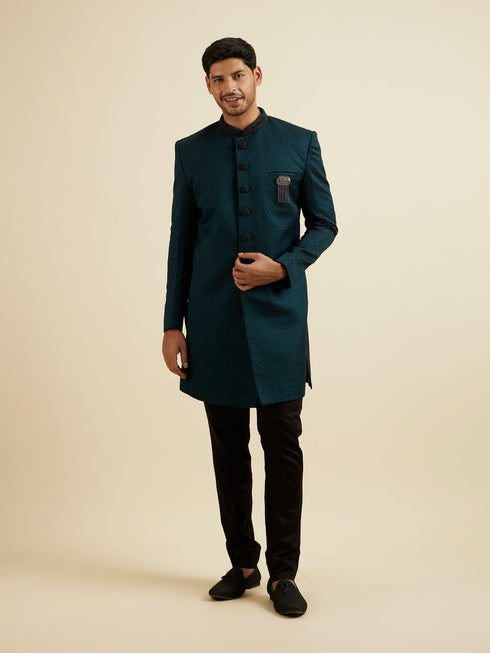 Manyavar Teal Green Jaal Patterned Achkan Style Indo Western Set