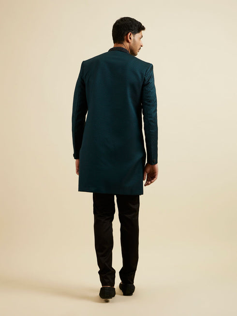 Manyavar Teal Green Jaal Patterned Achkan Style Indo Western Set
