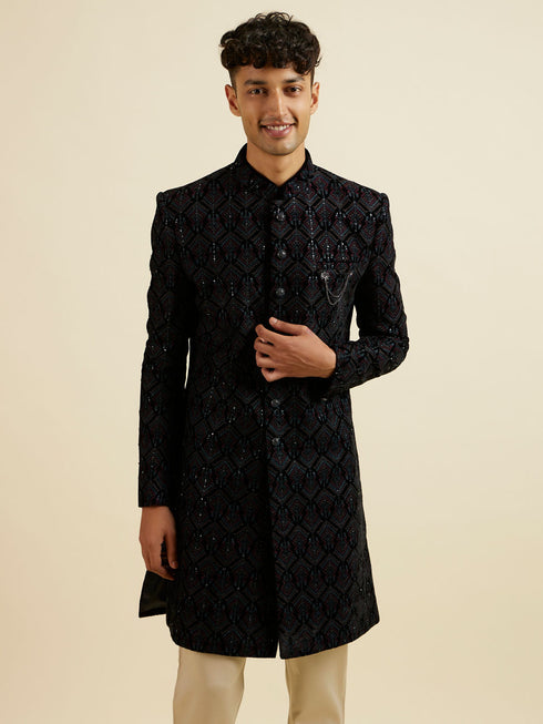 Manyavar Regal Dark Blue Velvet Indo Western Jacket