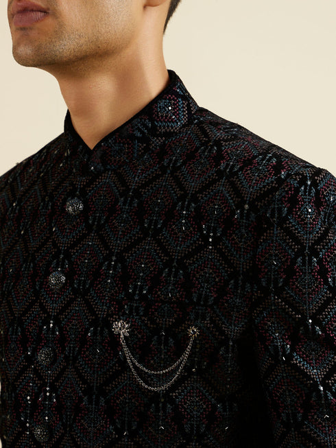 Manyavar Regal Dark Blue Velvet Indo Western Jacket