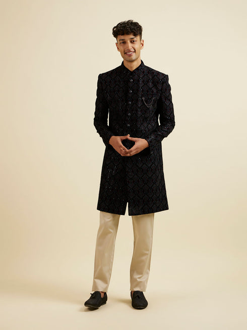 Manyavar Regal Dark Blue Velvet Indo Western Jacket