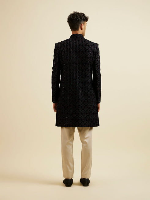 Manyavar Regal Dark Blue Velvet Indo Western Jacket