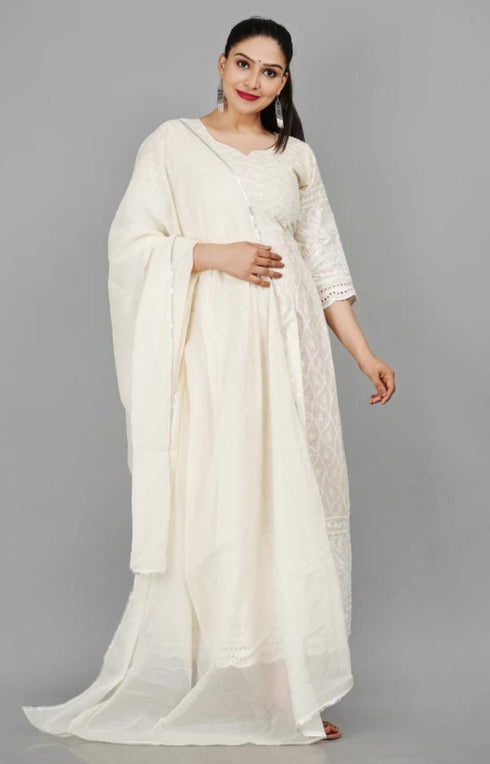Miravan Womens Floral Embroidered Thread Work Cream Chikankari Anarkali Kurta With Cotton Dupatta