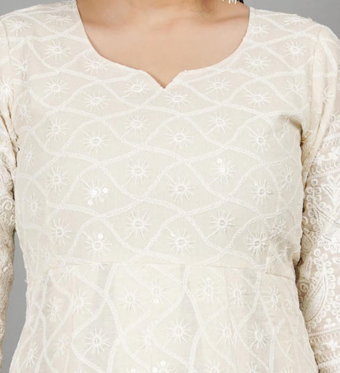 Miravan Womens Floral Embroidered Thread Work Cream Chikankari Anarkali Kurta With Cotton Dupatta