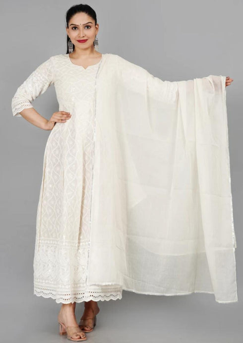 Miravan Womens Floral Embroidered Thread Work Cream Chikankari Anarkali Kurta With Cotton Dupatta
