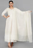 Miravan Womens Floral Embroidered Thread Work Cream Chikankari Anarkali Kurta With Cotton Dupatta