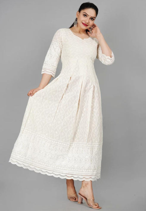 Miravan Womens Floral Embroidered Thread Work Cream Chikankari Anarkali Kurta With Cotton Dupatta
