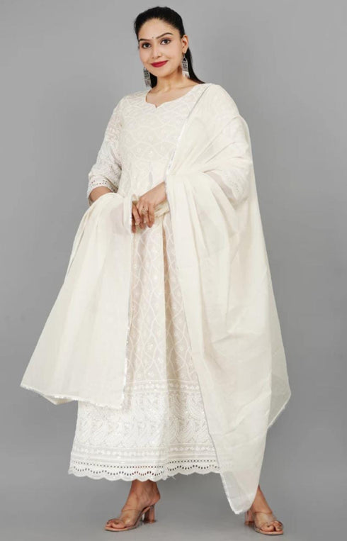 Miravan Womens Floral Embroidered Thread Work Cream Chikankari Anarkali Kurta With Cotton Dupatta