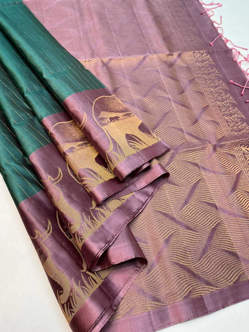 Prakruthi Swarnam Mint Green With French Pink Soft Silk Fancy Design Silver Zari Sleeve Work Handloom Soft Silk Saree