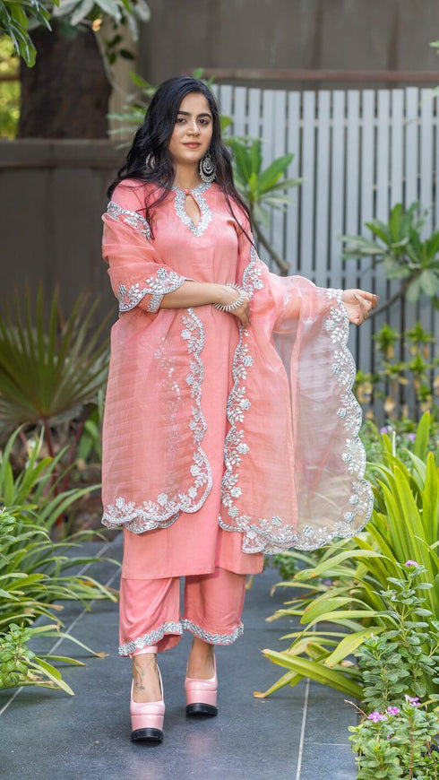 Kzari Peach Mirror Embroidery Kurta