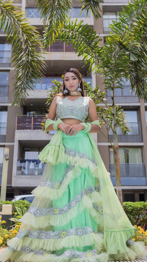 Kzari Green Ruffled Embroidered Lehenga