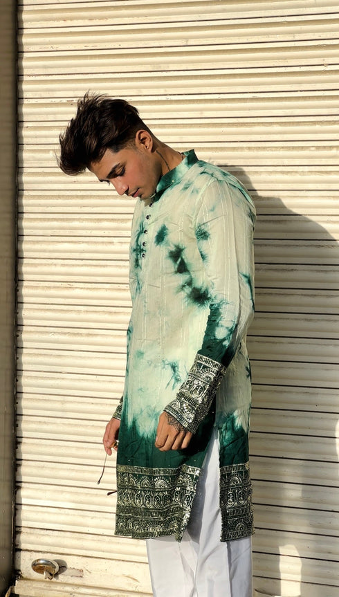 Kzari Handcrafted Green Tie & Dye Kurta with Exquisite Borders