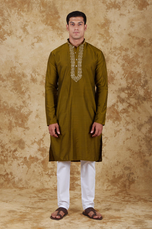 Veshbhoshaa Bluesaanchi Royal Elegance Field Drab Handloom Embroidery Kurta Set