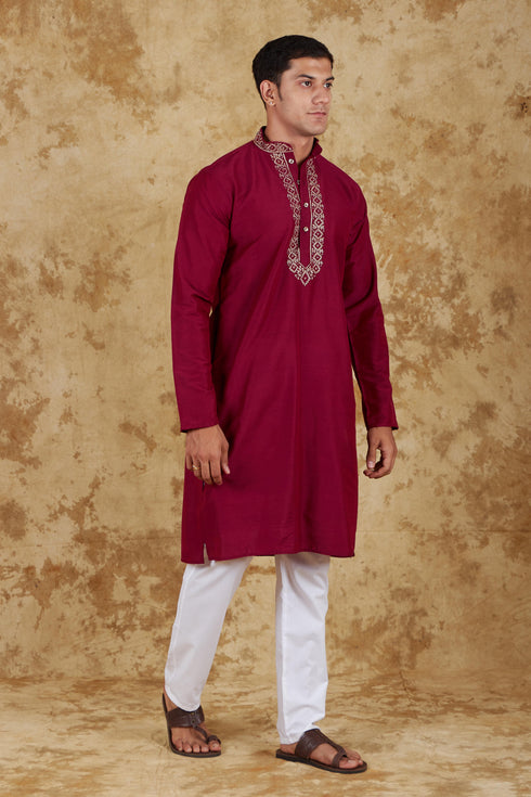 Veshbhoshaa Bluesaanchi Royal Elegance Crimson Handloom Embroidery Kurta Set