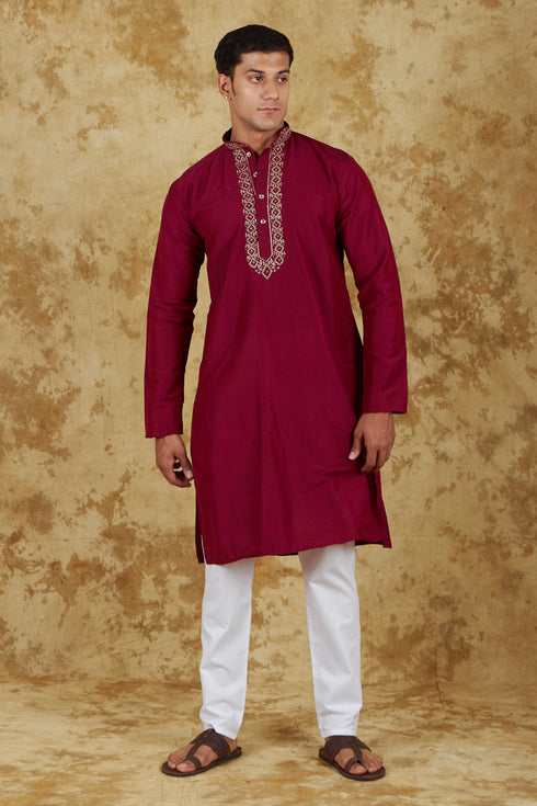 Veshbhoshaa Bluesaanchi Royal Elegance Crimson Handloom Embroidery Kurta Set