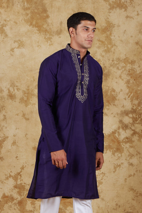 Veshbhoshaa Bluesaanchi Royal Elegance Space Blue Handloom Embroidery Kurta Set
