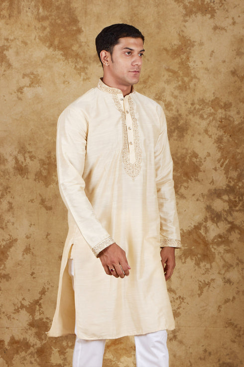 Veshbhoshaa Bluesaanchi Chandery Silk Light Khaki Embroidered Kurta Set
